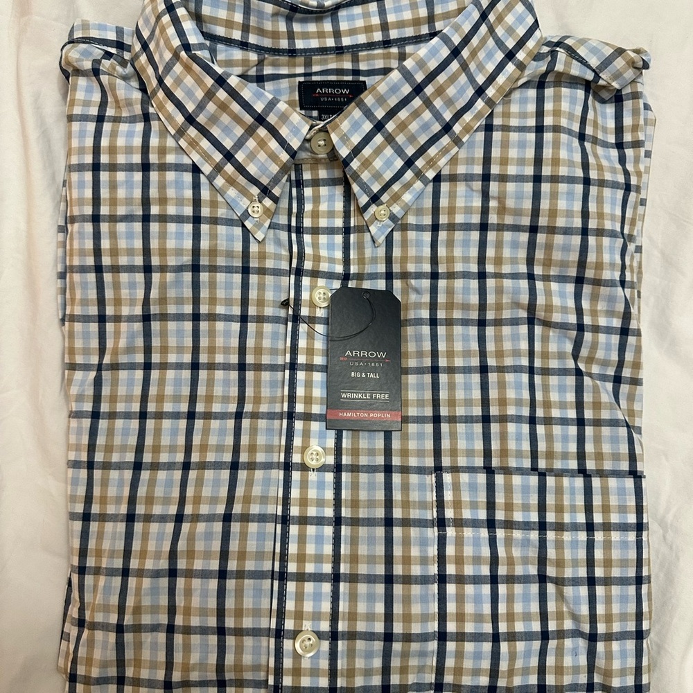 Arrow Men's Plaid Shirt - Blue and Beige Short Sleeve
